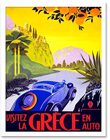Wee Blue Coo Travel Visit Greece By Car Sun France Vintage Art Print Framed Poster Wall Decor Kunstdruck Poster Wand-Dekor-12X16 Zoll