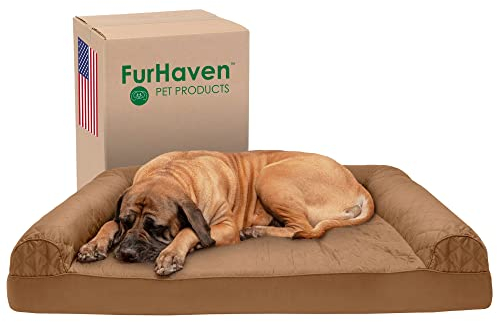 Furhaven Kühlendes Gel-Hundebett für große Hunde, mit abnehmbaren Nackenrollen und waschbarem Bezug, für Hunde bis zu 57 kg, gestepptes Sofa, Toasted Brown, Jumbo Plus/XXL