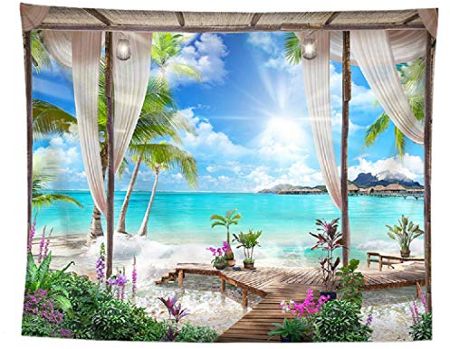 izielad Meer Strand Blauer Himmel Naturlandschaft Blumen Baum Wandteppich Wandbehang Stoff Wanddekoration 180X230CM 70.8X90.5IN