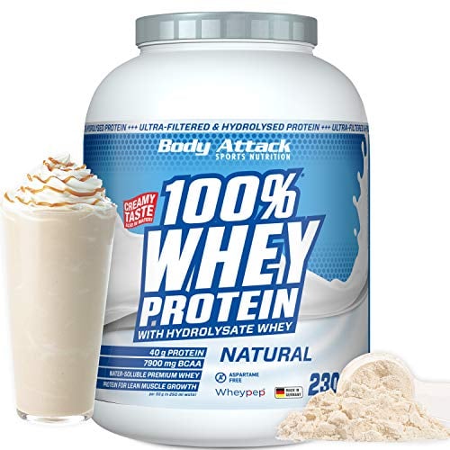 Body Attack 100% Whey Protein Natural, 2,3 kg - Made in Germany - Extra cremiges Eiweißpulver mit Hydrolysat & BCAA´s, unterstützt Muskelaufbau und Diäten - Für Sportler & Athleten