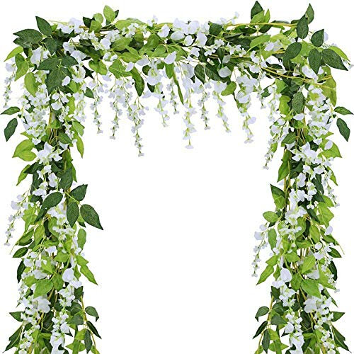 ZIHANJIAU 2X 7FT Artificial Wisteria Vine Garland Plants Foliage Flower Outdoor home office wedding decoration (2X WHITE)