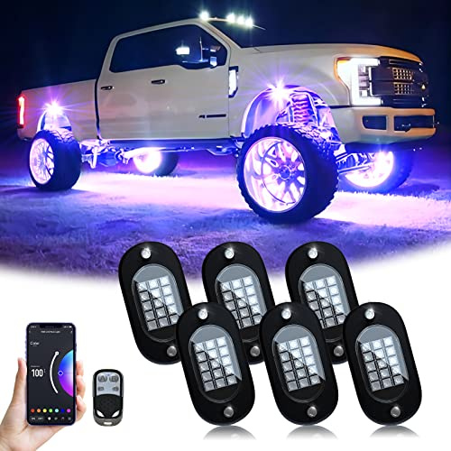 RGB Rock Licht 6 Pods, unterbodenbeleuchtung Auto mit APP/RF-Steuerung | Ambientebeleuchtung Auto, Musikmodus, Wasserdichtes Under Mehrfarbige Unterbodenleuchten für Auto Geländewagen SUV Motorrad