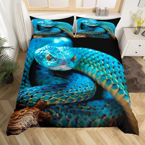 Blue Snake Bedding Set Twin Size for Kids Boys Bedroom,3D Reptile Bed Duvet Cover Set,Snake Skin Printed Comforter Cover Palm Leaf Decor 2 Pieces 1 Duvet Cover with 1 Pillowcase No Comforter