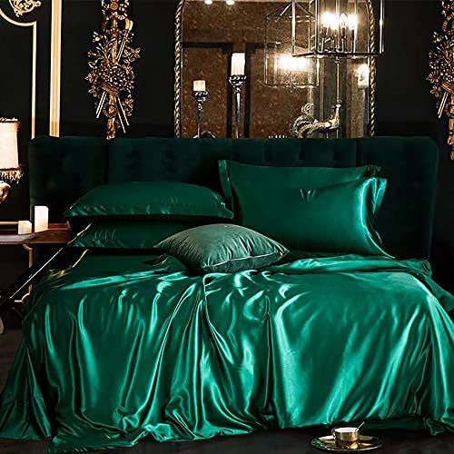 Omela Satin Bettwäsche Set 135x200 Grün Dunkelgrün Einfarbig Unifarben Glatt Bettbezug mit Reißverschluss 2 Teilig 100% Glanzsatin Polyester Sommerbettwäsche und Kissenbezug 80x80 cm