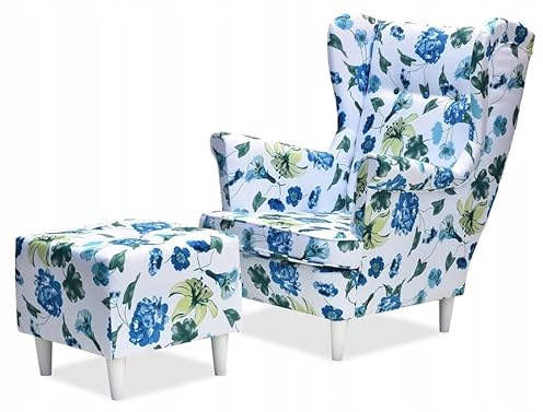Family Meble Ohrensessel mit Hocker, Modell Print, Skandinavisch, Relaxsessel aus Webstoff, Loungesessel, Ohrensessel mit Hocker, Bequemer Sessel, Für Wohnzimmer, Esszimmer, Schlafzimmer, Blumen 1