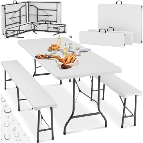 TecTake® Ensemble de Table Pliante Camping ou de Pique Nique et 2X Banc de Jardin en Acier Léger, Compacte Table a Manger Tables à tapisser avec Poignée de Transport idéal Brocante