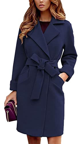 shownicer Damen Mantel Elegant Lang Wollmantel Mode Langarm Umlegekragen Einfarbig Trenchcoat Warme Outwear Herbst Winter Jacke mit Gürtel A Blau02 L