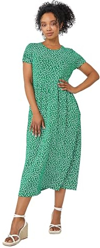 Roman Midi Dress with Pockets for Women UK Ladies Stretchy Jersey Maxi Long Short Sleeve Elasticated Gathered High Waist Boho Flattering Skater Swing Fit Flare - Green Ivory - Size 8
