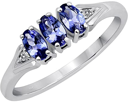 0,02 Karat Diamantringe für Damen, Tansanit-Ringe für Damen, ovaler Ring mit drei Steinen, rhodinierter Sterlingsilber-Ring, Edelstein, Metall, Sterlingsilber, Tansanit Diamant