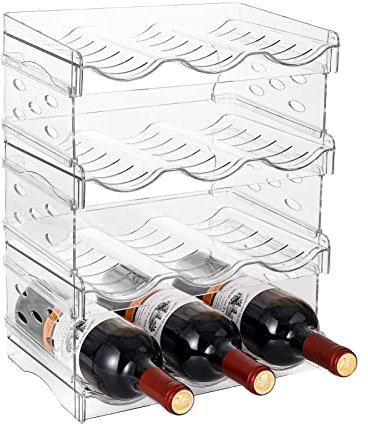 IEEK 4 Pack Stackable Wine and Water Bottle Holder Free-Standing Fridge Wine Bottle Organizers Clear Plastic Water Bottle Holder for Cabinet,Refrigerator,Pantry,Kitchen Countertops,Holds 12 Bottles