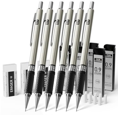 FourCandies Metal Mechanical Pencil Set - 6PCS 0.9mm Art Mechanical Pencils & 360PCS HB Lead Refills & 3PCS Erasers & 9PCS Eraser Refills, Drawing Mechanical Pencils for Writing, Sketching - With Case