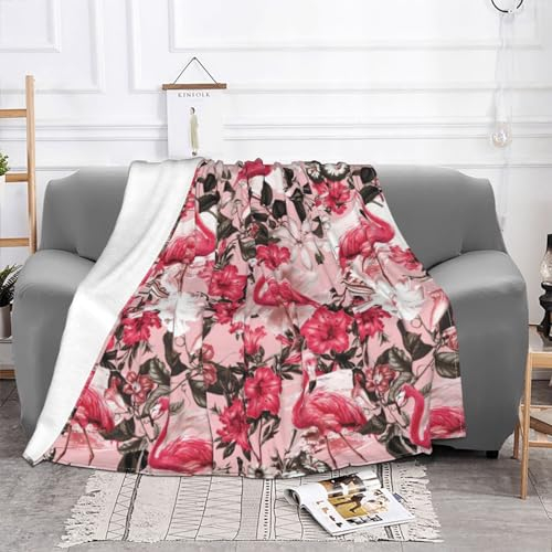 Fleece-Überwurfdecke mit Flamingo-Blumenmuster – Mikrofaser-Fleece-Decken für Sofa, Bett, Couch und Reisen, 127 x 101 cm