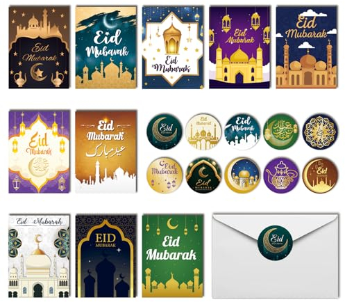 20 Pakete Eid Mubarak Karten Islamische Eid Card Papier Eid Grußkarten Saisonale Eid Mubarak Karten Feierkarten mit 20 Umschlägen und 20 Aufkleber für Eid Mubarak Party Dekorationen