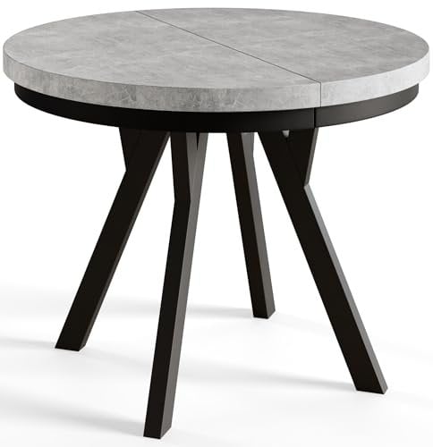 AlpiMeble Runder Esszimmertisch EVO, ausziehbarer Tisch Durchmesser: 90 cm bis 190 cm, Wohnzimmertisch Farbe: Graphit, mit Holzbeinen in Farbe Schwarz