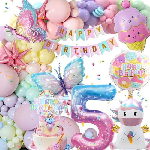 5 Jahre Geburtstagsdeko Mädchen, Deko Luftballons Kindergeburtstag, Einhorn Kindergeburtstag Deko, 5 Jahre Happy Birthday Deko, Einhorn Schmetterling Folienballon Geburtstag Deko für 5 Jahre Mädchen