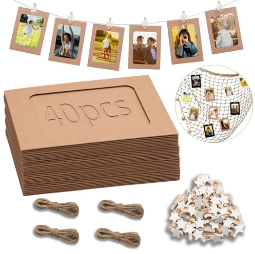 Ziamzra 40 Stück Braun Fotogirlande 10x15 cm Fotos Aufhängen DIY Kraftpapier Bilderrahmen 40 Stück Kleine Klammern für Fotos Aufhängen 4 Stück Fotoleine für Party Geburtstag Hochzeit Wand Deko