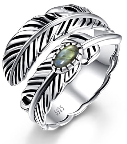 BONLAVIE Feder Ring Labradorit Herren Ringe 925 Silber, Verstellbar Ring Offen Vintage Schmuck Ringe für Frauen Männer