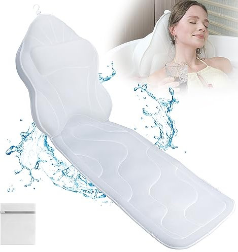 Poemland Luxury Full Body Bath Pillow Mat & Cushion - Ultimate Spa Relaxation with Thick Padding, Headrest, Neck, and Shoulder Support - Ideal for Bathtub Soaking (White)