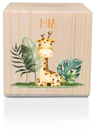GRAVURZEILE Spardose aus Holz - Safari Tiere - mit Namen personalisiert - Personalisierte Geschenke für Mädchen & Jungen zum Geburtstag Kommunion Einschulung - Geschenk für Kinder - Giraffe