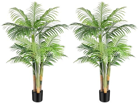 Keeplush 5ft Tall Triple Golden Cane Artificial Palm Tree Outdoor, Large Artificial Plants Outdoor Tree for Living Room Patio Office Home Decor 2PCS