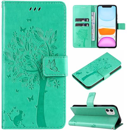 Hancda Case for iPhone 11, Leather Case Wallet Flip Cover with Card Holder Slot Flowers Design Pattern Magnetic Stand Strap Shockproof Protective Phone Case Cover for iPhone 11,Green