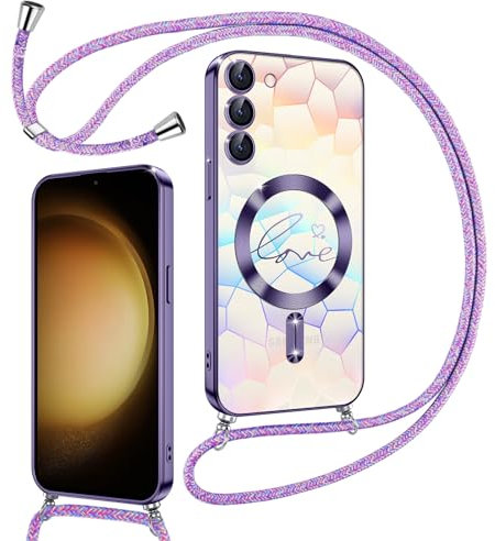 Kokio Coque Glitter Magnétique pour Samsung Galaxy S23 Plus 5G avec Cordon [Compatible avec MagSafe], Motif Coeur Etui pour Filles Femmes, Antichoc Silicone Housse pour Samsung S23 Plus 5G Violet