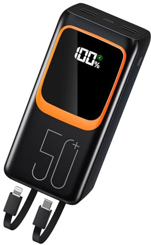 50000 mAh Power Bank avec câble intégré : Batterie Externe de Charge Rapide de 22,5 W avec Grande capacité, Chargeur Portable avec Lampe de Poche LED et 7 Sorties et 3 entrées. MP3 with
