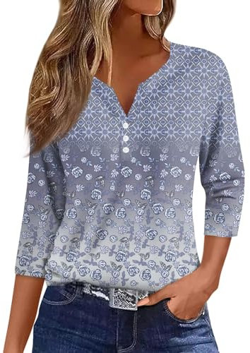 3/4 Sleeve Tops for Women Uk Button Down Pattern Print Three Quarter Sleeve Tops V Neck Henley Shirt Stylish Going Out Tops Elegant Tunic Tops Loose Fit Outdoor Tops Oversized T Shirts Ladies Tops