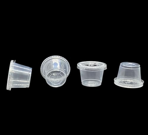 100 x 1oz | Round Food Containers | Lids Sauce Pots | Plastic Pots with Seperate Lids | Sauce Cups Take Away | Deli Pots | BPA Free (100, 1oz)