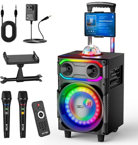 EYTSE - Karaoke Machine for Adults, Portable Speaker PA System with 2 Wireless Microphones, Disco Ball, LED Light, Support TWS/REC/USB/TF/AUX for Home Karaoke, Party,