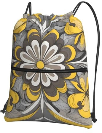 YYHWHJDE Rucksack mit Kordelzug, gelb-graues Blumenmuster, Reißverschluss, geeignet für Outdoor, Freizeit, Wandern, 39 x 45 cm (L x H), Schwarz, Einheitsgröße