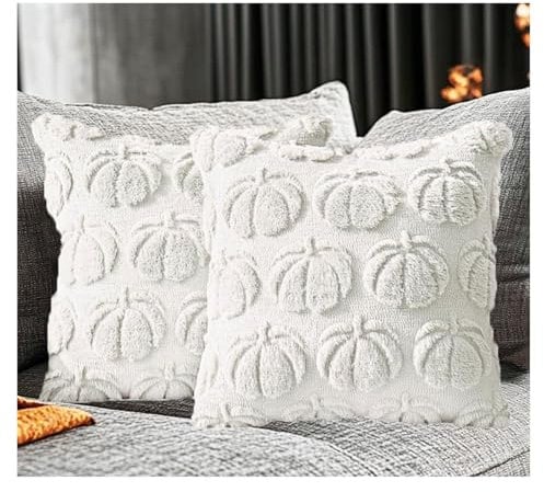 2er Set Herbst Winter Kissenbezüge 45x45 cm Dekorative Kissenbezug Kürbismuster Kunstfellwolle Weicher Plüsch Kissenhülle Sofakissenbezug Stuhl Schlafzimmer Wohnzimmer Heimdekoration(White)