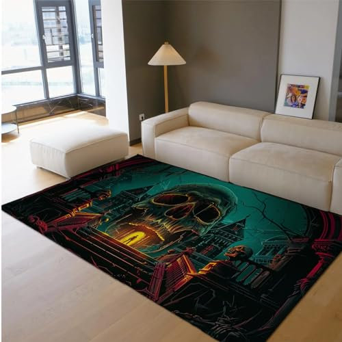 SHUODAOCO Halloween Night Doormat Scary Skeleton Throw Rug Retro Castle Floor Carpet Fun Game Room Rug Non Slip Washable Door Mat for Hotel 160x220cm