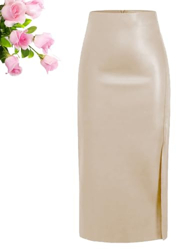 HESYSUAN Faldas largas de cuero para mujer, falda larga de cuero negro de invierno con abertura de cintura alta, falda de tubo de piel sintética acampanada, beige, XL
