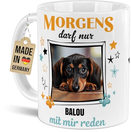 PfotenSchild personalisierte Hunde- und Katzen-Tasse - lustiger Spruch Morgens darf nur mit mir reden mit Foto und Namen - Geschenk für Tierbesitzer zum Geburtstag | 300 ml