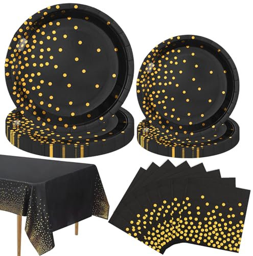 COLANANA Party Supplies,Party Tableware Set,Black Gold Birthday Decorations Contain Plates Tablecloth Napkins for Baby Shower Birthday Wedding Partys Anniversary(16 Guests)