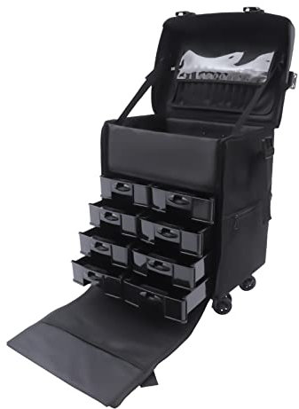 Valigetta 2 in 1, extra grande, in tessuto Oxford, per trucchi professionali, con cassetti, per cosmetici, da viaggio, per parrucchieri, organizer su ruote, Nero , Trolley rigido con ruote girevoli