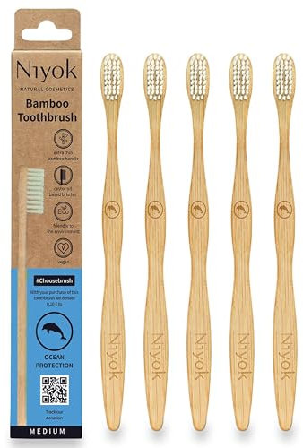 Niyok® Bambus Zahnbürste MEERESSCHUTZ 5er • Mittelweiche Borsten • Natürliche Holzzahnbürsten aus Bambus • Umweltfreundlich & Plastikfrei • Nachhaltige Zahnpflege • Vegan