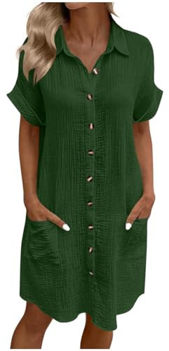 Summer Shirts Dresses for Women UK Oversized Cotton Linen Baggy Tunic Shirt Mini Dress Button Up V Neck Plain Sundress with Pockets Beach Lounge Lightweight Holiday Essentials Dresses Dark Green