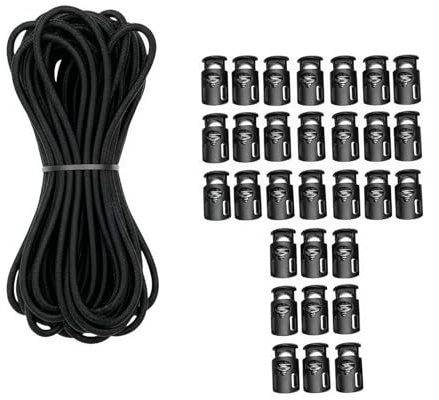 10m Elastic Shock Cord Kit (3.5mm), Heavy Duty Bungee Rope for Tent Pole Replacement & Outdoor Gear, Drawstring Repair Set with 30 Pcs Single Hole Spring Toggles for Backpacks, Bags & Jackets (Black)