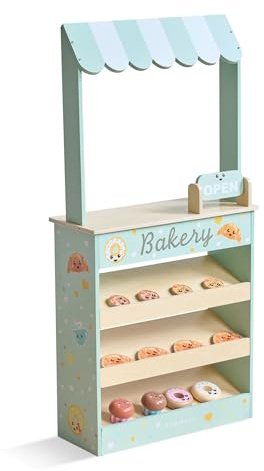 Teamson Kids Wooden Bakery Play Stand, 92.5 cm Height, 12 Pastry Pieces, Educational Pretend Shop, Green/Mint