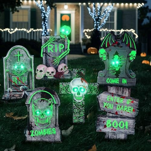Halloween Deko, 6 Stück leuchtende Grabsteine für den Außenbereich, im Dunkeln leuchtende Dekorationen mit 10 LED Leuchtperlen, Horror Hofschilder für Friedhofs, Garten und Rasenparty Deko