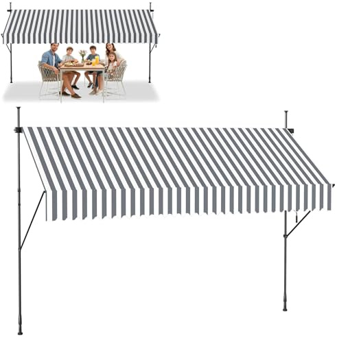 Froadp Klemmmarkise Markise Einziehbar Manuell Sonnenschutz Balkon Ohne Bohren UV-Schutz Wetterfest Höhenverstellbar Gelenkarmmarkise mit Handkurbel für Garten Terrasse 300x120cm Grau-weiße Streifen