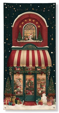 Weihnachts-Shop-Türabdeckung, Banner, dekorativ, Vintage-Stil, festliche Schaufenster-Szene, Urlaubsdekoration, für drinnen und draußen, Winter-Feierbedarf, 91,4 x 183,9 cm