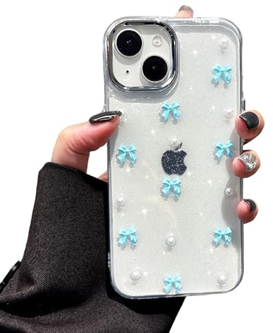 EYZUTAK Case for iPhone 15, Cute Bling Glitter 3D Bowknot Case, Blue Bow | Sparkly Crystal Clear Phone Cover, Bow Aesthetic Design, Slim Soft Durable TPU Transparent Protective Cover, for Women Girls