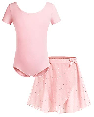 Bricnat Ballettkleidung Ballettkleid Mädchen Ballettkostüme Kinder Ballett Trikot Kurzarm Tanzkleid Baumwolle Balletttrikot mit Chiffon Wickelrock Tütü Rosa 130