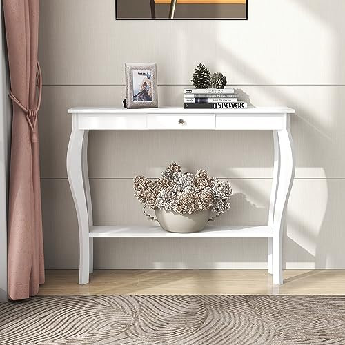 ChooChoo Schmaler Konsolentisch mit Schublade, schicker Akzent-Sofatisch, Eingangstisch, 90 cm, Weiß
