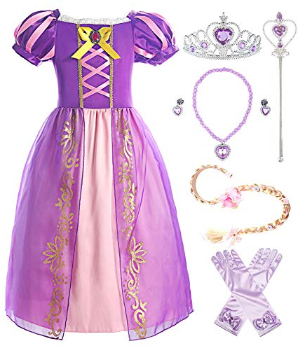 ReliBeauty Costume Principessa Bambina Vestito Abito Lilla con Accessori Manica a Sbuffo,6-8anni/ 118-128cm(Etichetta130)