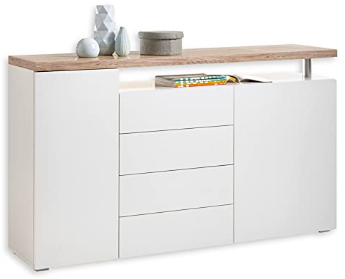 VIEW Sideboard mit Schubladen in Eiche Sonoma Optik, Weiß - Moderne Kommode mit Ablage und viel Stauraum für Ihren Wohnbereich - 160 x 94 x 38 cm (B/H/T)