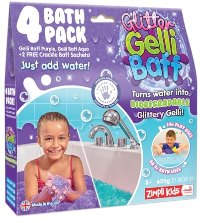 ZIMPLI - Glitter Gelli Baff Purple & Aqua, 4 Bath Pack, Including 2 x Crackle Baff, Magically turns water into thick, colourful goo, Sensory Bath Toy